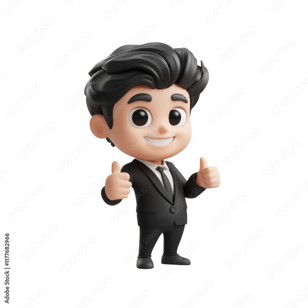 3D cartoon character with black hair, wearing a black suit, giving a thumbs-up gesture. Smiling with confident expression, conveying approval and positivity. Isolated on transparent background, png. 3D cartoon character with black hair, wearing a black suit, giving a thumbs-up gesture. Smiling with confident expression, conveying approval and positivity. Isolated on transparent background, png.