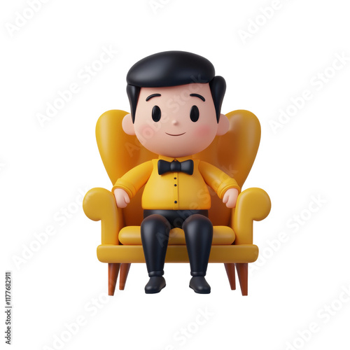 3D cartoon character with black hair, dressed in yellow shirt with a bow tie, sitting on a yellow chair. Formal appearance, conveying calmness and politeness. Isolated on transparent background, png. photo