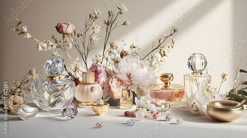 A display of perfume bottles with flowers in the background