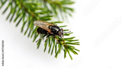 Balsam Fir Sawyer Beetle perched on green spruce branch showcasing details of insect collection on a white background photo