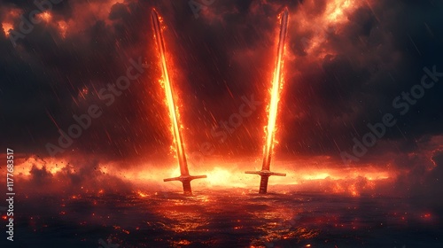 Inner Conflict: A Fierce Battle Between Glowing Swords in a Stormy Landscape Representing Hope and Despair