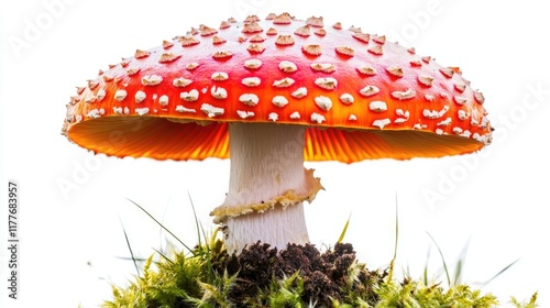 Vibrant red and white mushroom growing on lush green moss against a clean white background showcasing nature's beauty and detail. photo