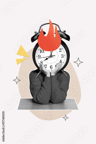 Vertical collage young headless woman alarm clock urgency limit countdown expire deadline schedule miss late ring bell drawing background