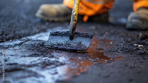 Asphalt sealant application process for effective pavement crack repair by construction worker using specialized tools. photo