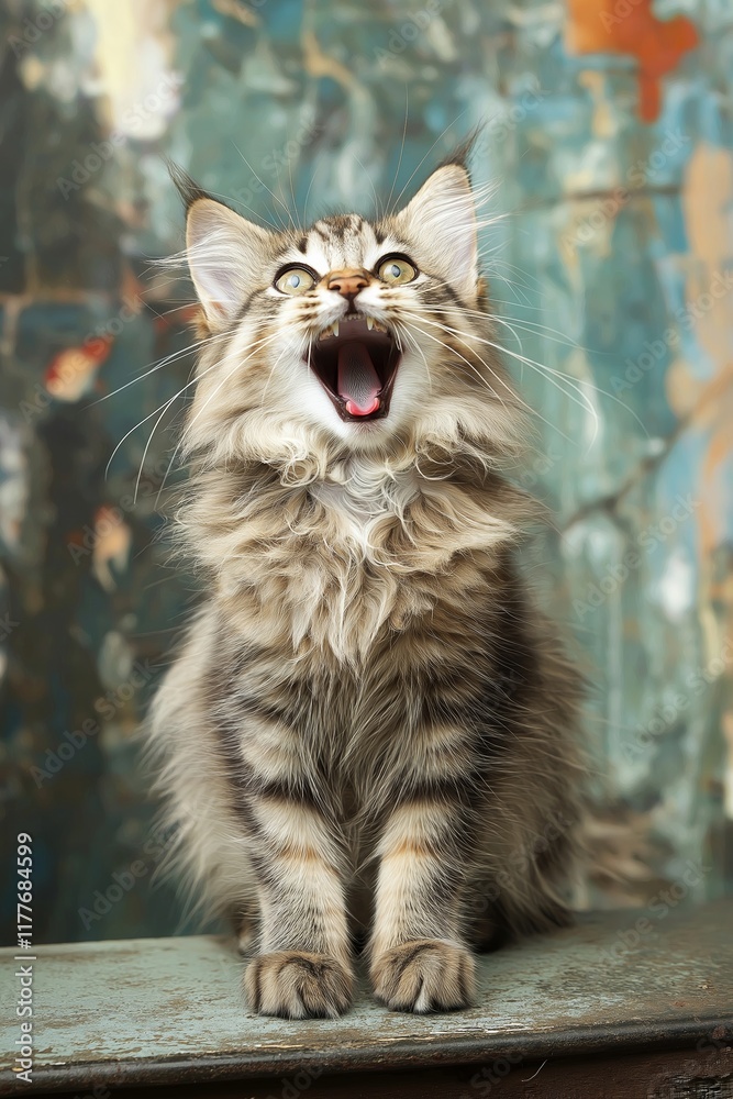 Obraz premium A fluffy cat yawning widely in an artistic display of charm and cuteness, embodying playful serenity.