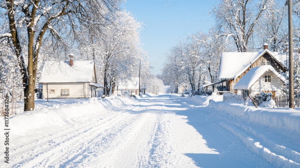 Fototapeta premium Snowy Village Street with Traditional Houses and Snow-Covered Trees in Winter
