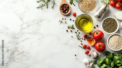 Wallpaper Mural Healthy Mediterranean cooking ingredients, selection of fresh vegetables, grains, fish, olive oil, and herbs on kitchen table, topdown view, copy space Torontodigital.ca