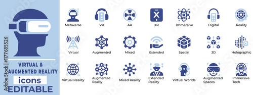 Virtual and Augmented Reality Icon Set  Editable icons for AR VR tech, AI, holograms, Web3, gaming, and innovation