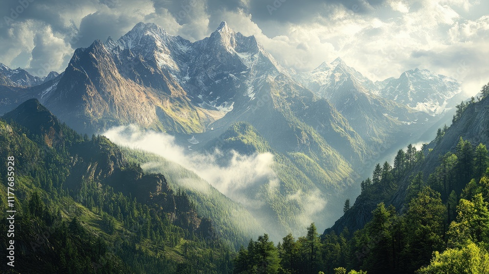 Fototapeta premium Majestic mountain landscape showcasing lush greenery and dramatic cloud formations in a serene wilderness setting.