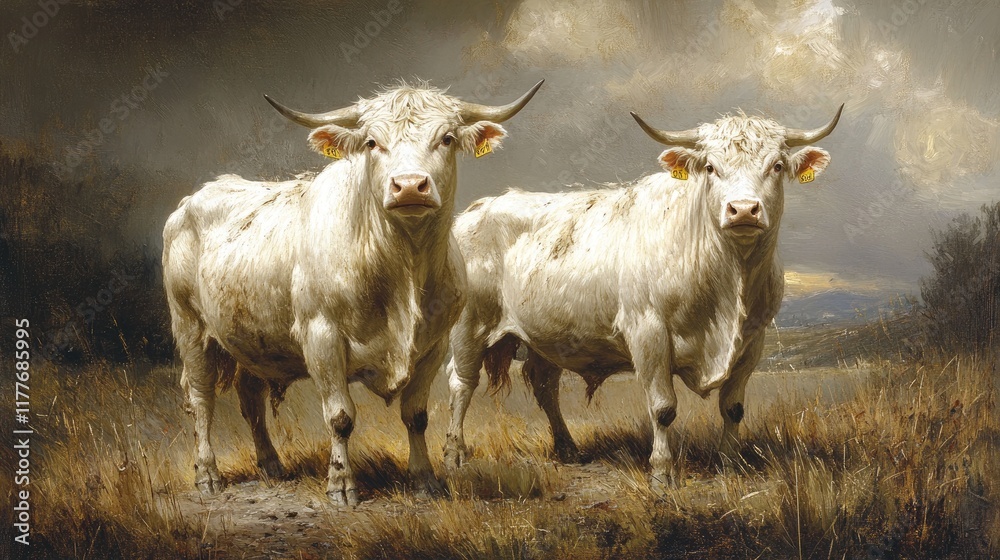A pair of white bulls standing side by side in a field, their glossy coats reflecting the sunlight. A pair of white bulls standing side by side in a field, their glossy coats reflecting the sunlight.