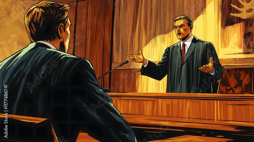 Illustration of a dramatic courtroom scene with a judge passionately addressing a potential defendant. photo