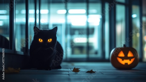 Eerie black cat with glowing eyes observing trick or treaters beside a carved pumpkin in a spooky Halloween night setting photo