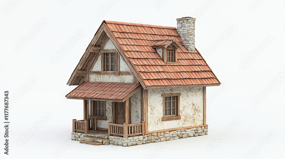 The house with the red roof. Building on a white background. 3D. The house with the red roof. Building on a white background. 3D.