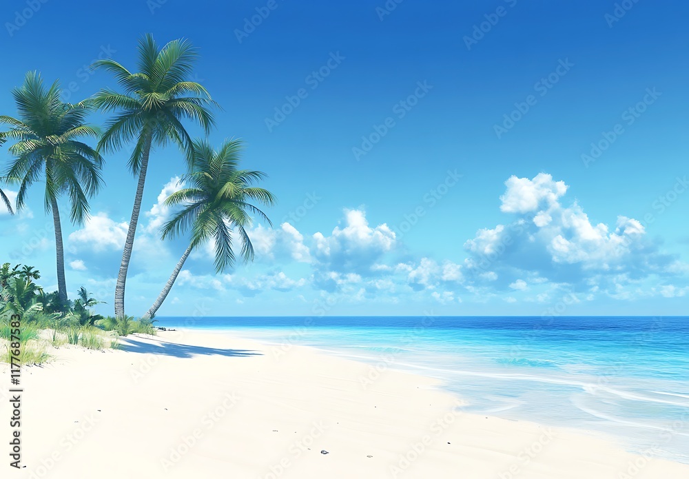Beautiful summer background with a blue sky, white clouds, and a beach with palm trees Beautiful summer background with a blue sky, white clouds, and a beach with palm trees