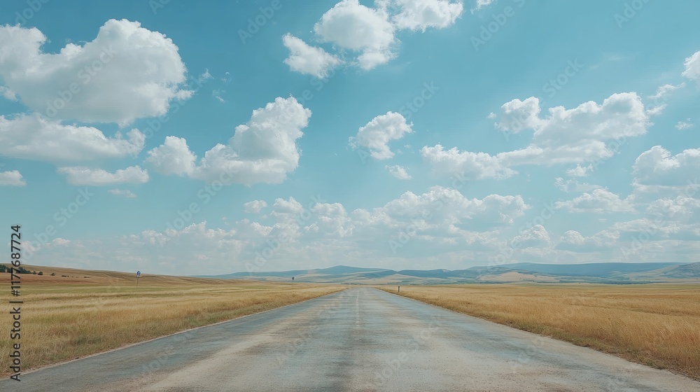 Asphalt road stretching into the horizon under a bright blue sky filled with fluffy clouds and expansive golden fields Asphalt road stretching into the horizon under a bright blue sky filled with fluffy clouds and expansive golden fields