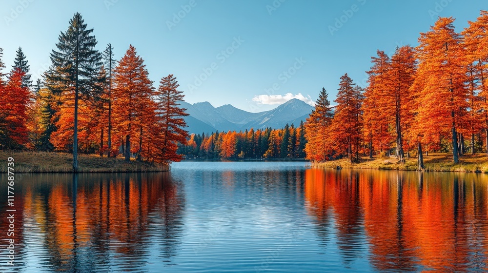 Fototapeta premium Autumnal lake reflecting vibrant red trees against mountain backdrop.