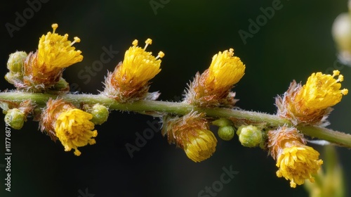 Close-up view of vibrant Guizotia abyssinica yellow flowers on a delicate stem showcasing intricate floral details and textures. photo