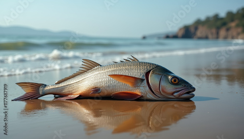 Close-up view of a dead fish on the beach, representing the critical environmental issues of pollution and its effects on marine wildlife and ecosystems. photo