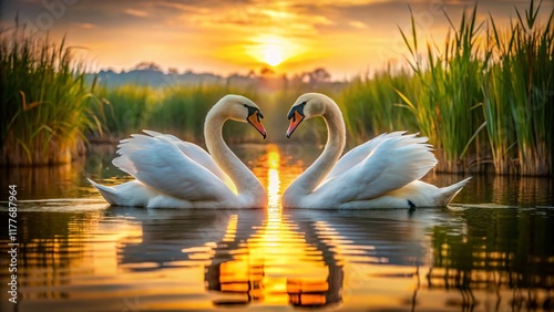 Fototapeta Naklejka Na Ścianę i Meble -  Romantic Swans Forming Heart Shape on Serene Lake at Sunset