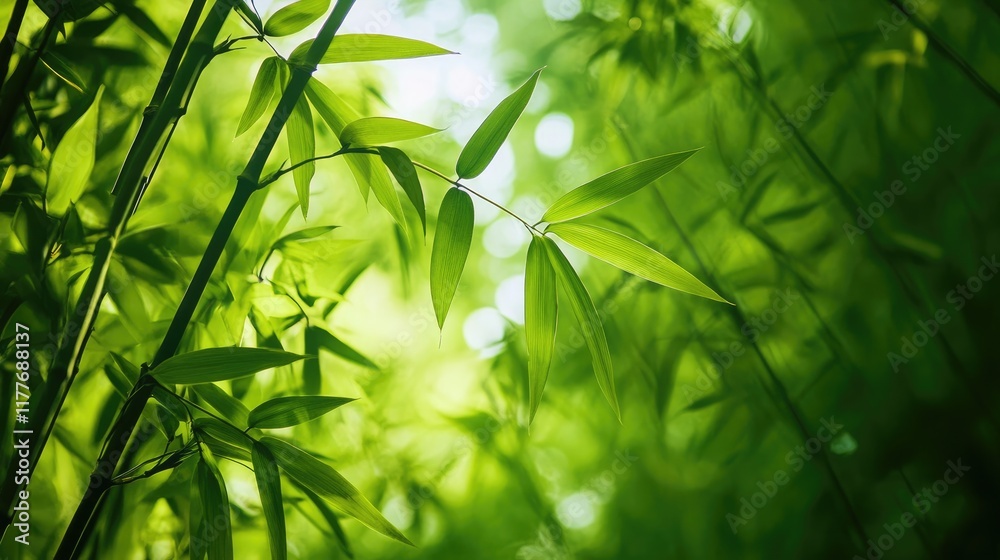 Obraz premium Lush bamboo leaves illuminated by sunlight in a serene forest reserve showcasing nature's tranquility and vibrant greenery