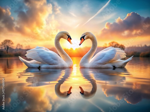 Fototapeta Naklejka Na Ścianę i Meble -  Romantic Swans Sunrise Double Exposure: Two Swans Forming Hearts on Calm Lake