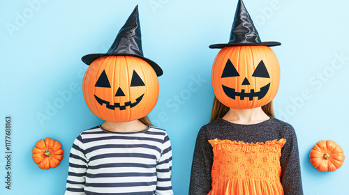 Two girls wearing Halloween costumes and pumpkin masks