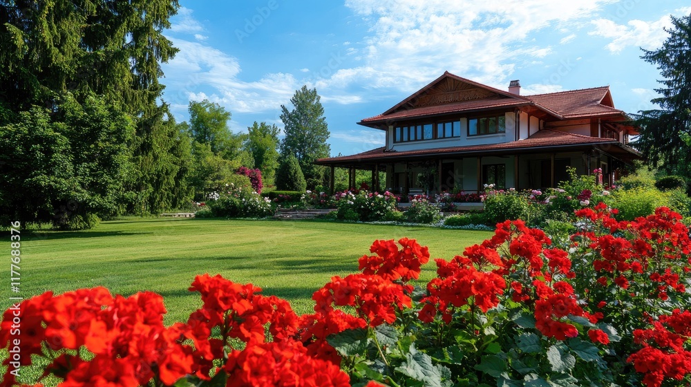 Residential garden showcasing vibrant red geraniums in bloom with a classic house and blue sky in a beautifully landscaped yard. Residential garden showcasing vibrant red geraniums in bloom with a classic house and blue sky in a beautifully landscaped yard.