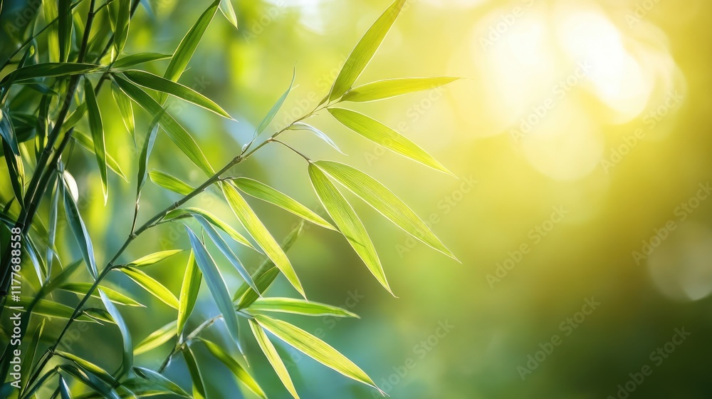 Fototapeta premium Bamboo plant illuminated by sunlight in a tranquil natural setting highlighting green leaves and soft glowing background.