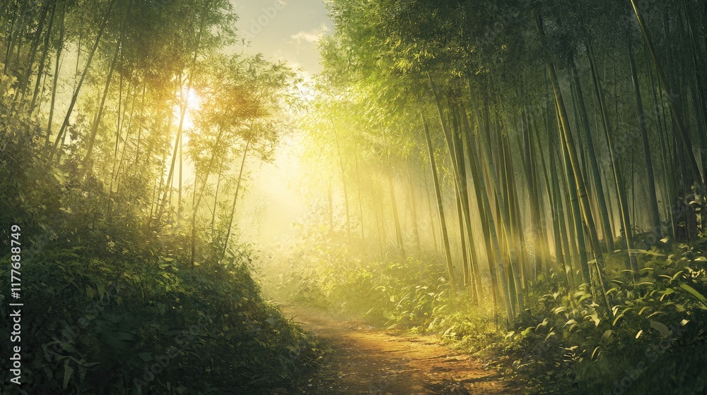 Obraz premium Serene bamboo forest illuminated by soft morning sunlight creating a tranquil and magical atmosphere in nature
