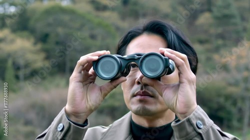 person looking through binoculars symbolizing vision importance clarity or binoculars vision clarity focus symbolizing importance or looking binoculars vision awareness photo