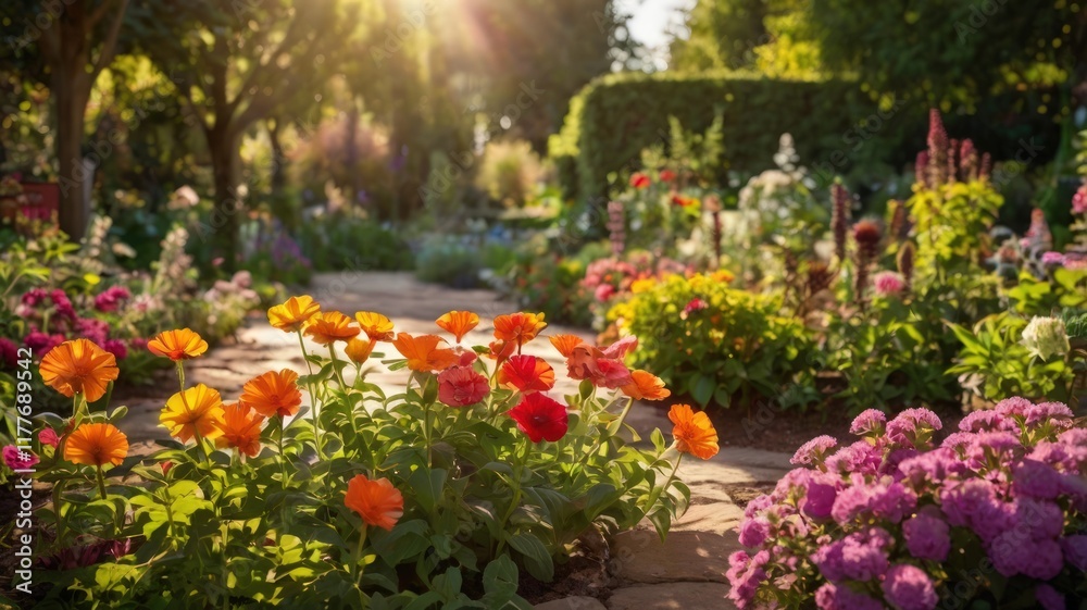 Sunlit garden path lined with vibrant orange and pink flowers, showcasing diverse plants and lush greenery. Sunlit garden path lined with vibrant orange and pink flowers, showcasing diverse plants and lush greenery.
