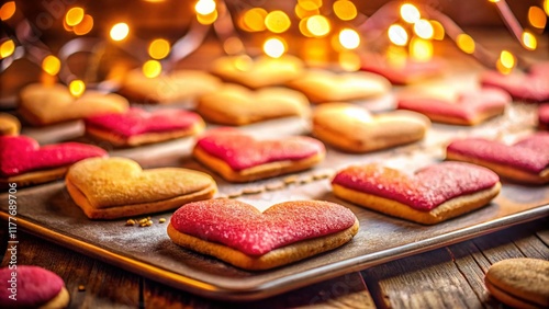 Romantic Valentine's Day Baking: Heart-Shaped Cookies with Bokeh Background photo