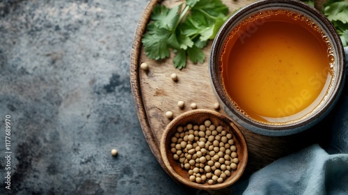 A Tranquil Arrangement of Ayurvedic Tea with Complementary Coriander Seeds in a Soft Textile Setting