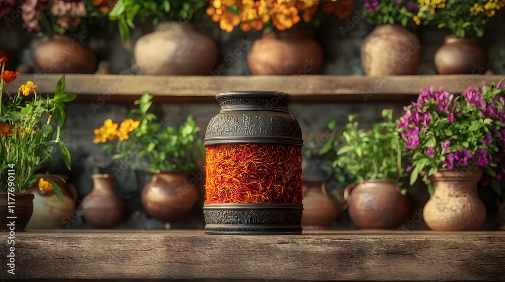 A Rustic Display of Saffron Fibers in a Vintage Spice Tin on a Traditional Wooden Shelf Overflowing with Ayurvedic Herbs A Rustic Display of Saffron Fibers in a Vintage Spice Tin on a Traditional Wooden Shelf Overflowing with Ayurvedic Herbs