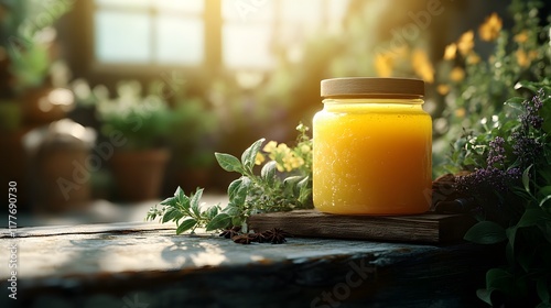 A Rustic Culinary Moment: Ghee Surrounded by Nature's Finest Herbs and Spices