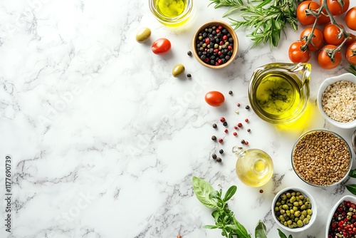 Wallpaper Mural Mediterranean diet food for healthy cooking, variety of ingredients, fresh vegetables, fish, olive oil, grains on kitchen table, top view, copy space Torontodigital.ca