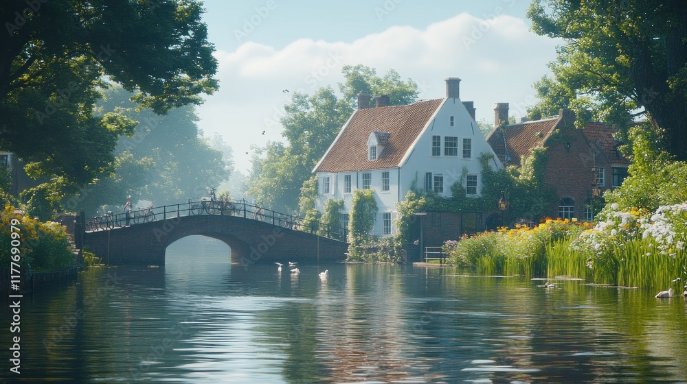 Fototapeta premium Canal bridge, quaint houses, sunny morning.