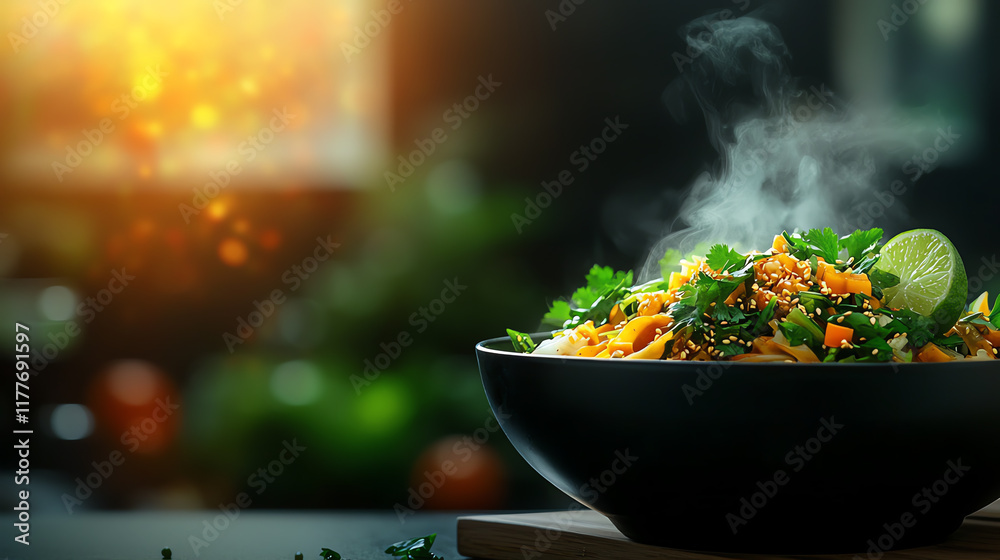 Closeup of a steaming bowl of pho, garnished with fresh herbs and lime, street food setting