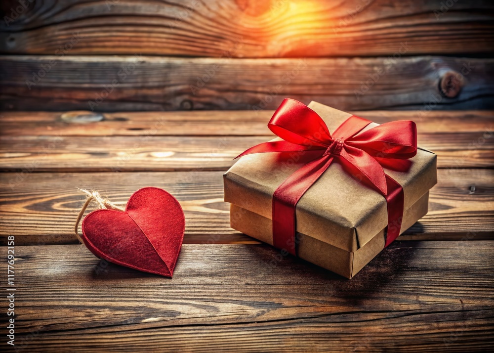 Romantic Valentine's Day Gift Box with Red Heart Tag on Rustic Wood Romantic Valentine's Day Gift Box with Red Heart Tag on Rustic Wood