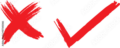 check mark, tick mark, and cross brush sign red checkmark and red X icons, buttons for vote, election choice decision, web.