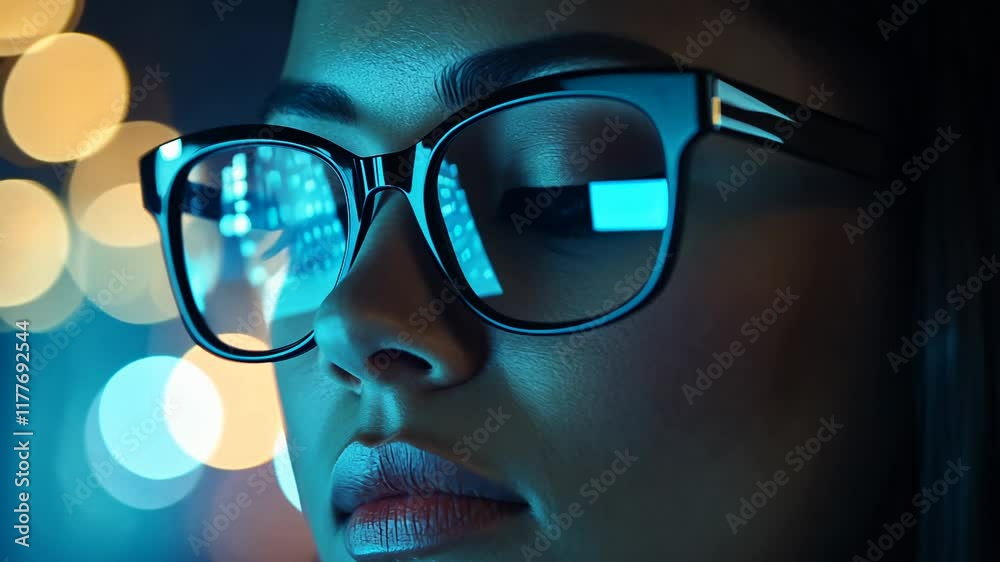 Woman wearing glasses reflecting digital data in urban night Woman wearing glasses reflecting digital data in urban night