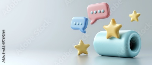 Colorful 3D Speech Bubbles and Stars on Minimalist Background