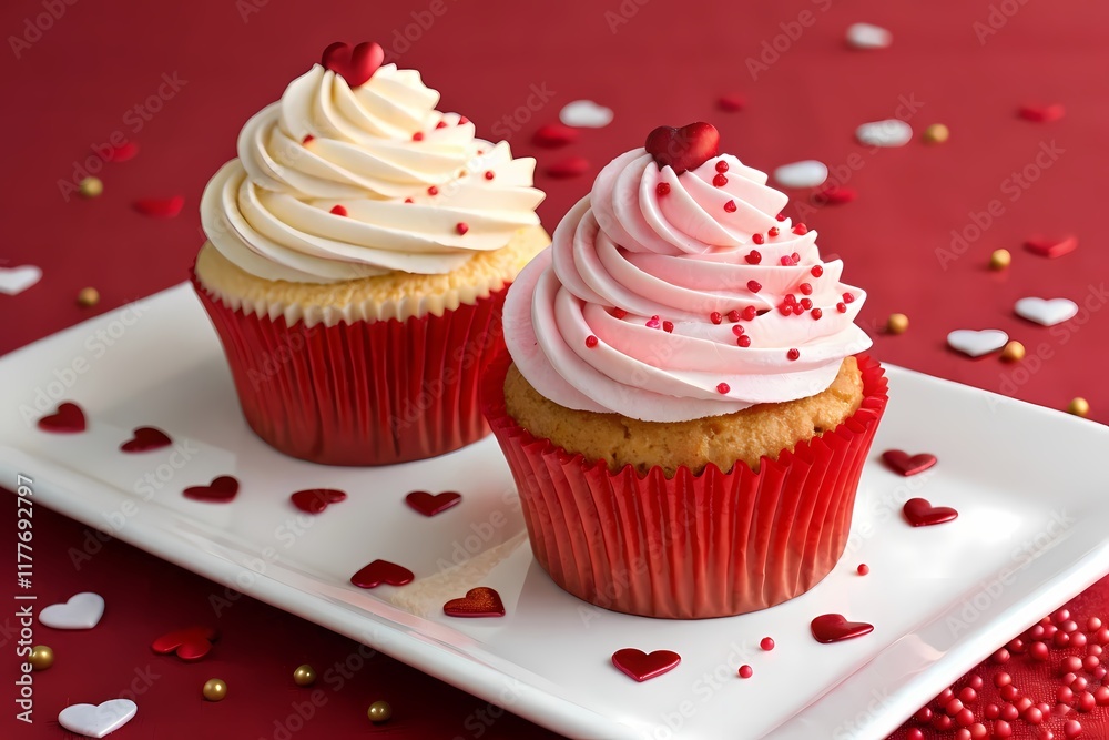 Decorative Cupcakes with Heart Toppers on a White Plate Decorative Cupcakes with Heart Toppers on a White Plate