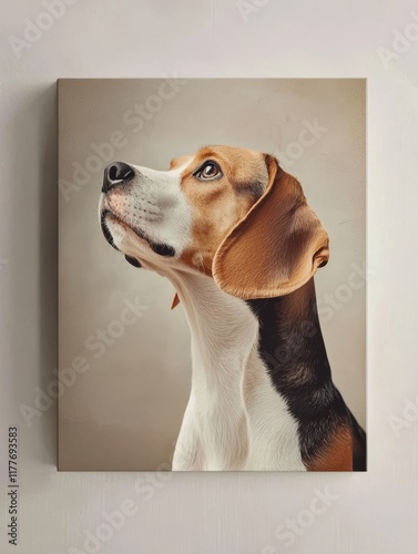 Beagle Portrait: A captivating portrait of a beagle, its head tilted upwards, showcasing its expressive eyes and endearing tricolor coat. The soft lighting enhances the dog's features. photo