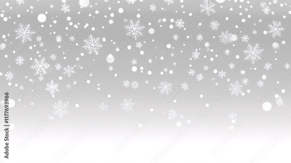 Falling snow on a grey foggy background with a white backdrop, perfect for festive wallpaper.
Falling snow on a grey foggy background with a white backdrop, perfect for festive wallpaper.