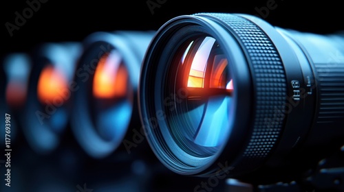 Close-up of professional camera lenses with glowing lens elements. photo