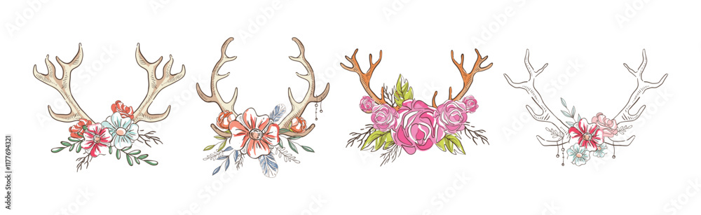 Fototapeta premium Deer Antler with Flower Bud Decoration Vector Set