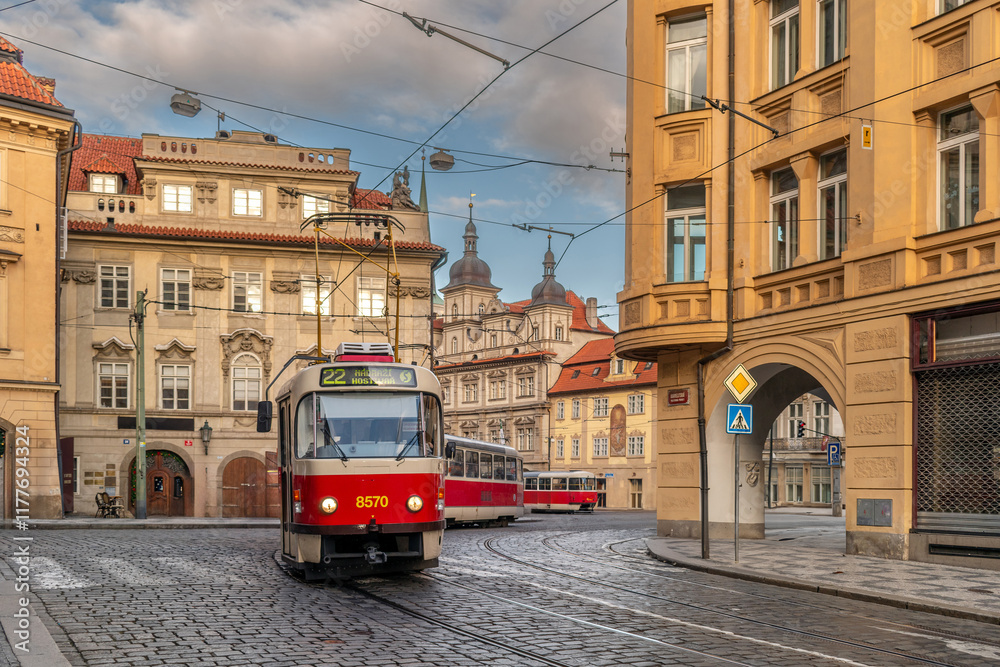 Fototapeta premium Prague, Czech Republic: Typical Prague Red Tram in Karmelitská Mala Strana