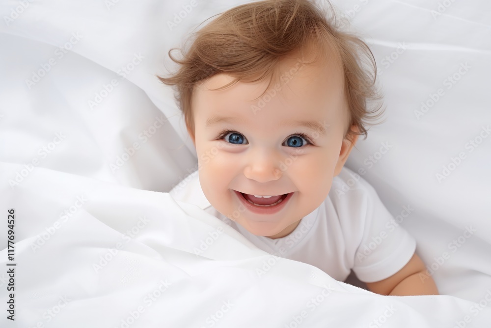 Happy toddler girl with curly hair smiling and lying in bed covered with white sheets Happy toddler girl with curly hair smiling and lying in bed covered with white sheets