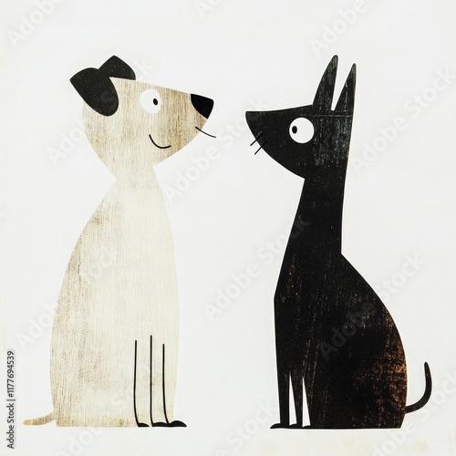 illustration, painting of cats and dogs on white background